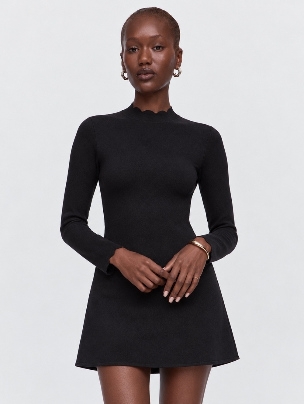 Free Assembly Black Scalloped Mock Neck Long Sleeve Knit Mini Dress Small
